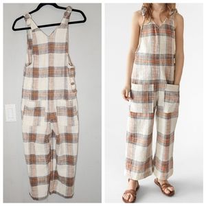 Zara Kids Relaxed Cotton Plaid Sleeveless Jumpsuit Sz 13-14 Pockets Cream Orange